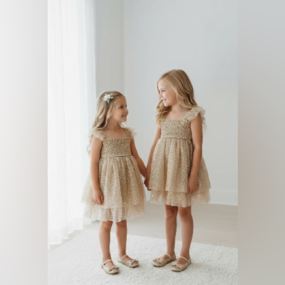 Indie Blue Juliet Sequin Gold Tulle Dress - 4T